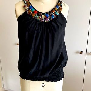 Fifteen Twenty silk blouson top, beaded neckline